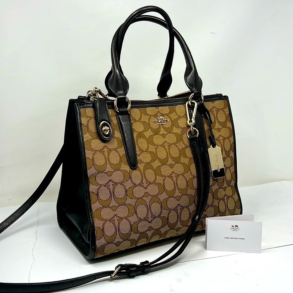 Coach Jacquard Logo and Brown Leather Satchel Shoulder Crossbody Bag